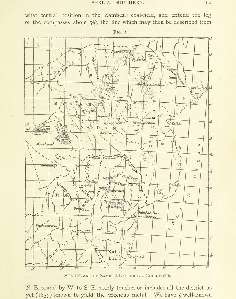 An illustration from Gold: its occurrence and extraction. Embracing the geographical and geological distribution ... of gold-bearing rocks; ... a bibliography of the subject; and a glossary of English and foreign technical terms ... With ... maps, etc, 1882, leaf 45
