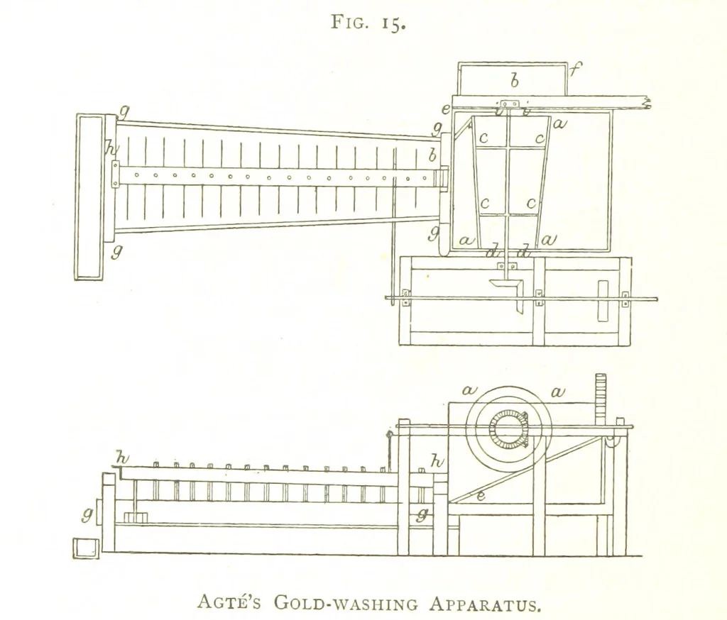 An illustration from Gold: its occurrence and extraction. Embracing the geographical and geological distribution ... of gold-bearing rocks; ... a bibliography of the subject; and a glossary of English and foreign technical terms ... With ... maps, etc, 1882, leaf 490