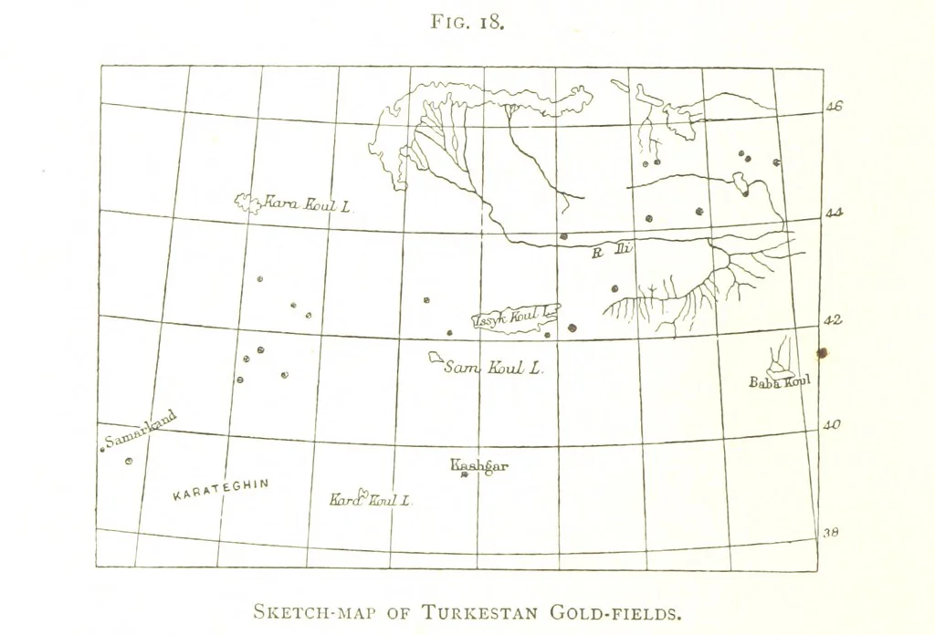 An illustration from Gold: its occurrence and extraction. Embracing the geographical and geological distribution ... of gold-bearing rocks; ... a bibliography of the subject; and a glossary of English and foreign technical terms ... With ... maps, etc, 1882, leaf 516