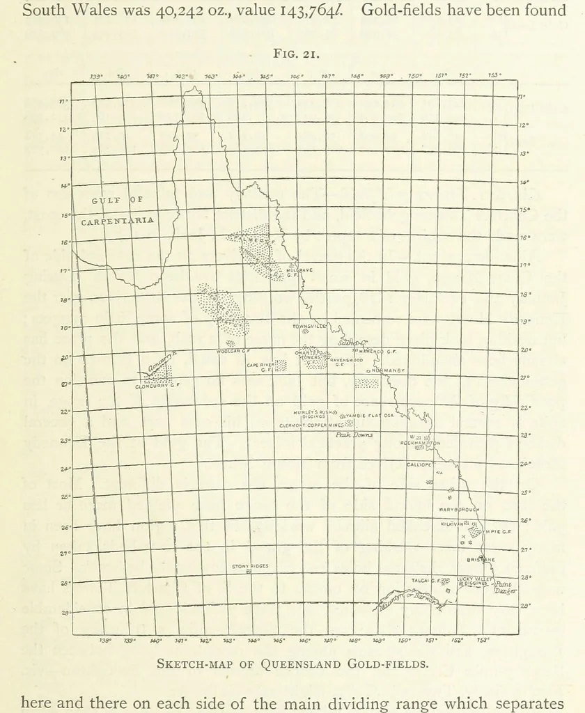 An illustration from Gold: its occurrence and extraction. Embracing the geographical and geological distribution ... of gold-bearing rocks; ... a bibliography of the subject; and a glossary of English and foreign technical terms ... With ... maps, etc, 1882, leaf 625