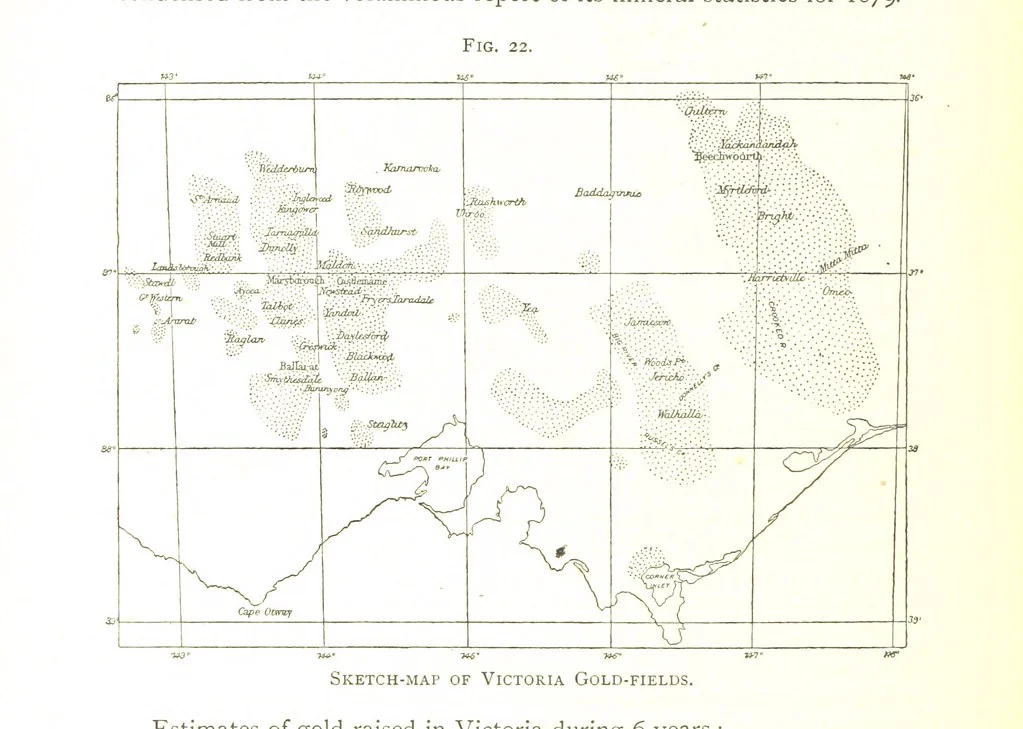 An illustration from Gold: its occurrence and extraction. Embracing the geographical and geological distribution ... of gold-bearing rocks; ... a bibliography of the subject; and a glossary of English and foreign technical terms ... With ... maps, etc, 1882, leaf 682