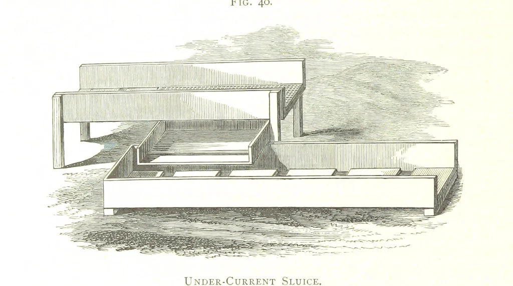 An illustration from Gold: its occurrence and extraction. Embracing the geographical and geological distribution ... of gold-bearing rocks; ... a bibliography of the subject; and a glossary of English and foreign technical terms ... With ... maps, etc, 1882, leaf 922