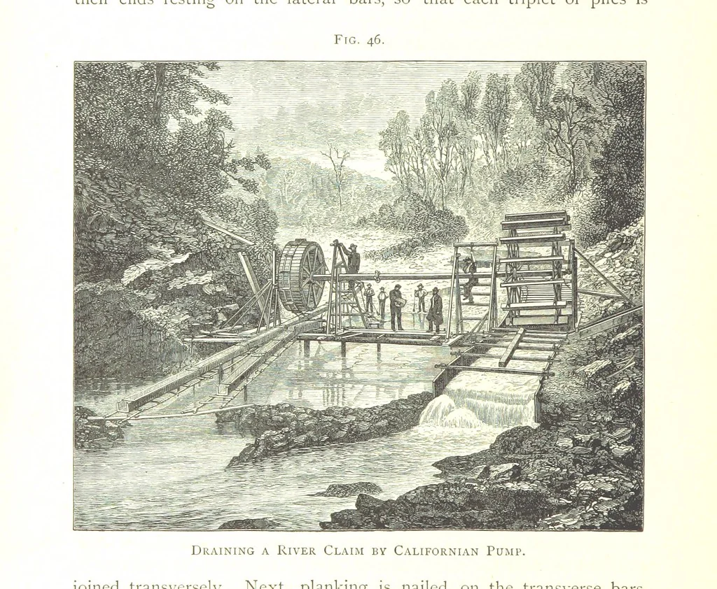 An illustration from Gold: its occurrence and extraction. Embracing the geographical and geological distribution ... of gold-bearing rocks; ... a bibliography of the subject; and a glossary of English and foreign technical terms ... With ... maps, etc, 1882, leaf 938