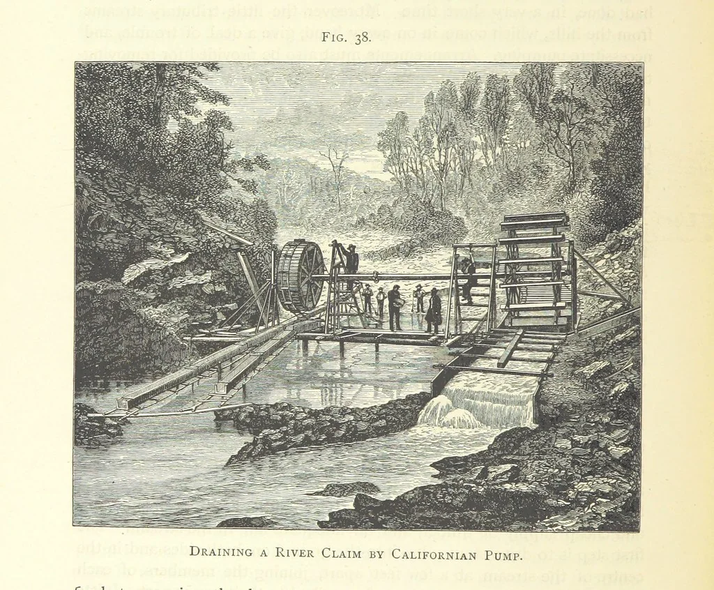 An illustration from Practical Gold-Mining: a comprehensive treatise on ... gold-bearing gravels, rocks and ores, and the methods by which the gold is extracted ... With ... plates, etc. [With a bibliography, 1889, leaf 240
