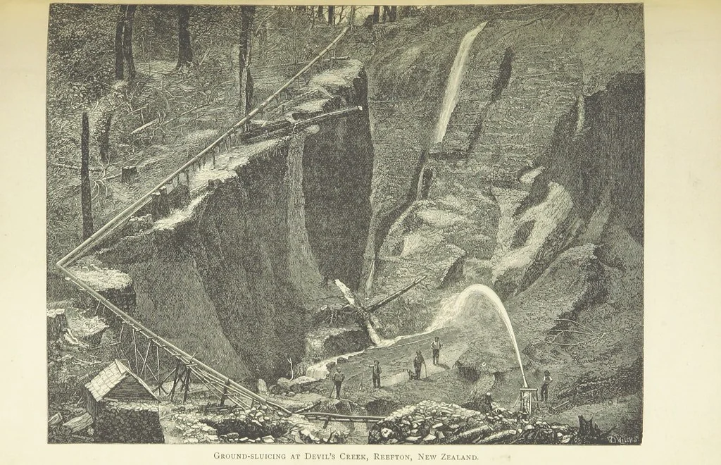 An illustration from Practical Gold-Mining: a comprehensive treatise on ... gold-bearing gravels, rocks and ores, and the methods by which the gold is extracted ... With ... plates, etc. [With a bibliography, 1889, leaf 343