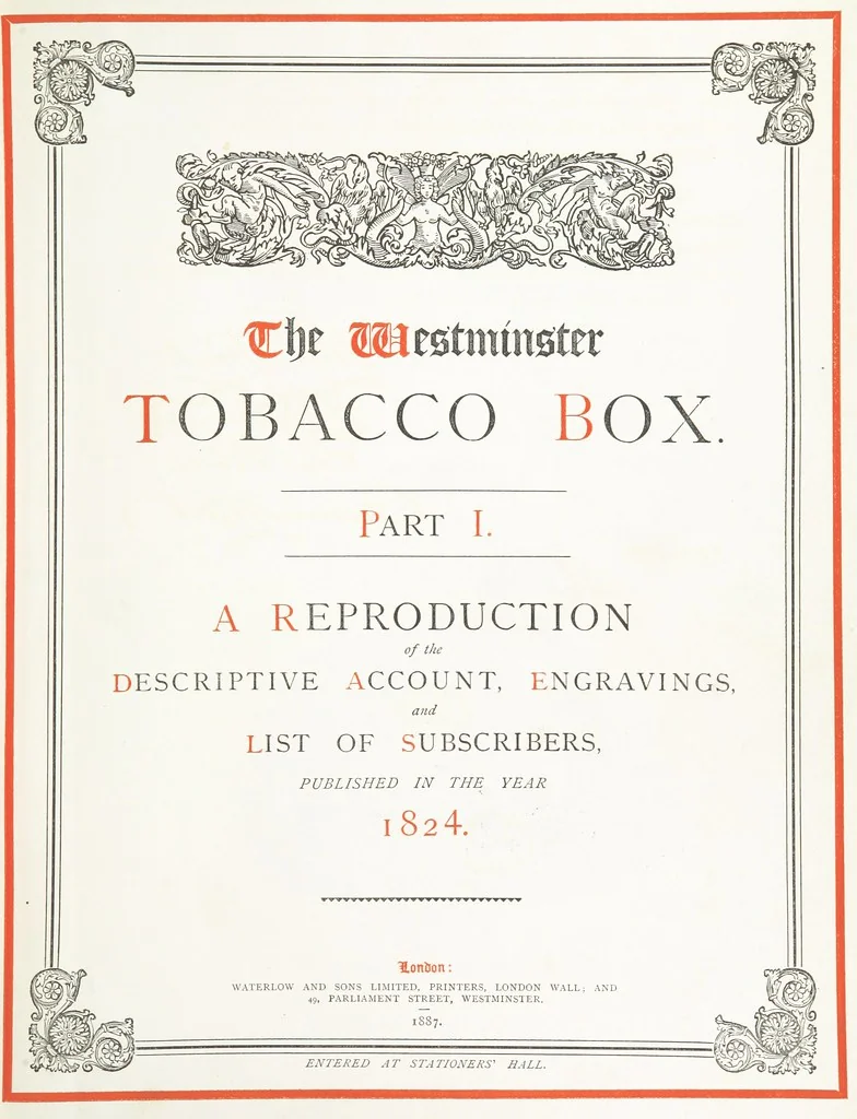 An illustration from A Description of the Westminster Tobacco Box ... Compiled by [John E. Smith, for] the Overseers for 1887, etc. (Pt. I. A reproduction of the ... account, engravings ... published in ... 1824; Pt. II. Notes on the office of Overseer; extracts from the accounts of the overseers ... 1561-1590; ... copies of the inscriptions ... & ornaments ... to 1887, etc.), 1887, leaf 11