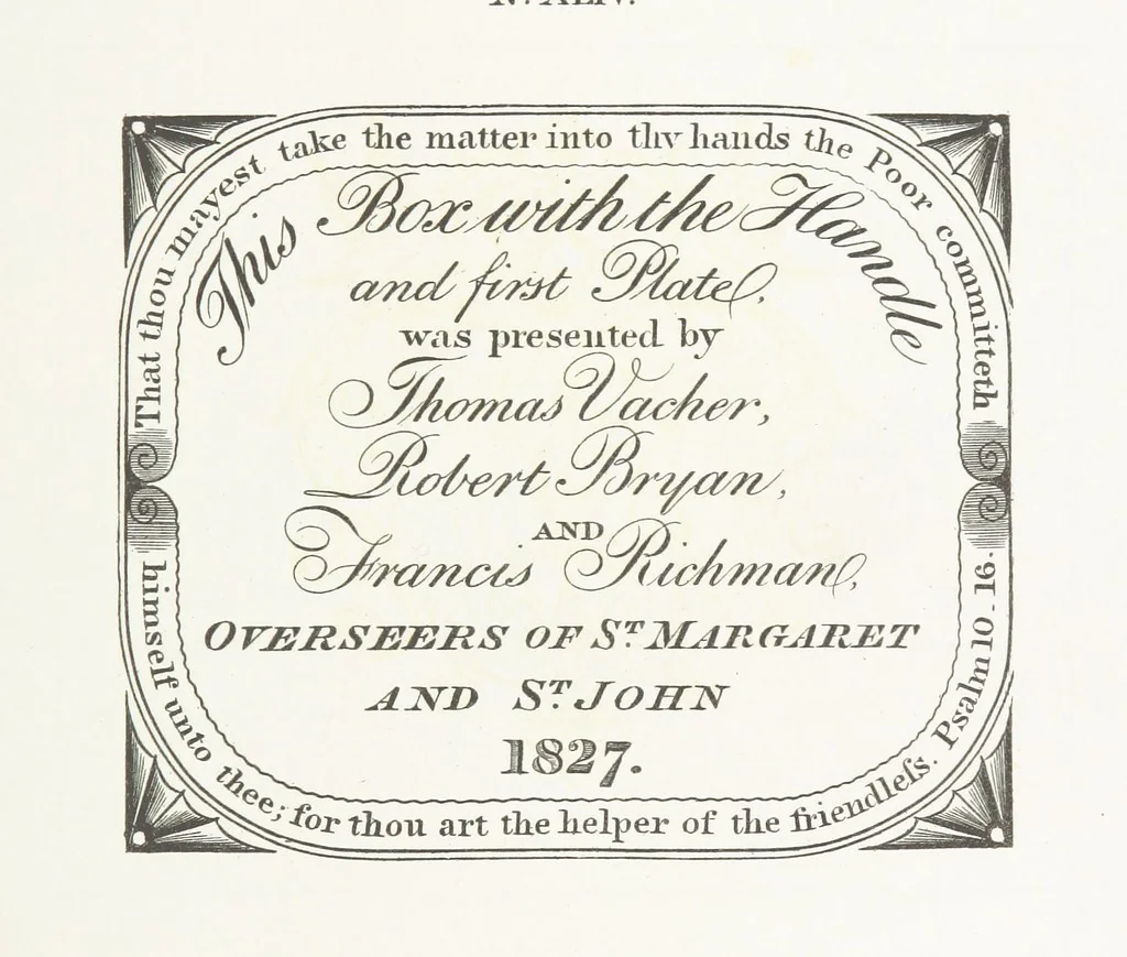 An illustration from A Description of the Westminster Tobacco Box ... Compiled by [John E. Smith, for] the Overseers for 1887, etc. (Pt. I. A reproduction of the ... account, engravings ... published in ... 1824; Pt. II. Notes on the office of Overseer; extracts from the accounts of the overseers ... 1561-1590; ... copies of the inscriptions ... & ornaments ... to 1887, etc.), 1887, leaf 131