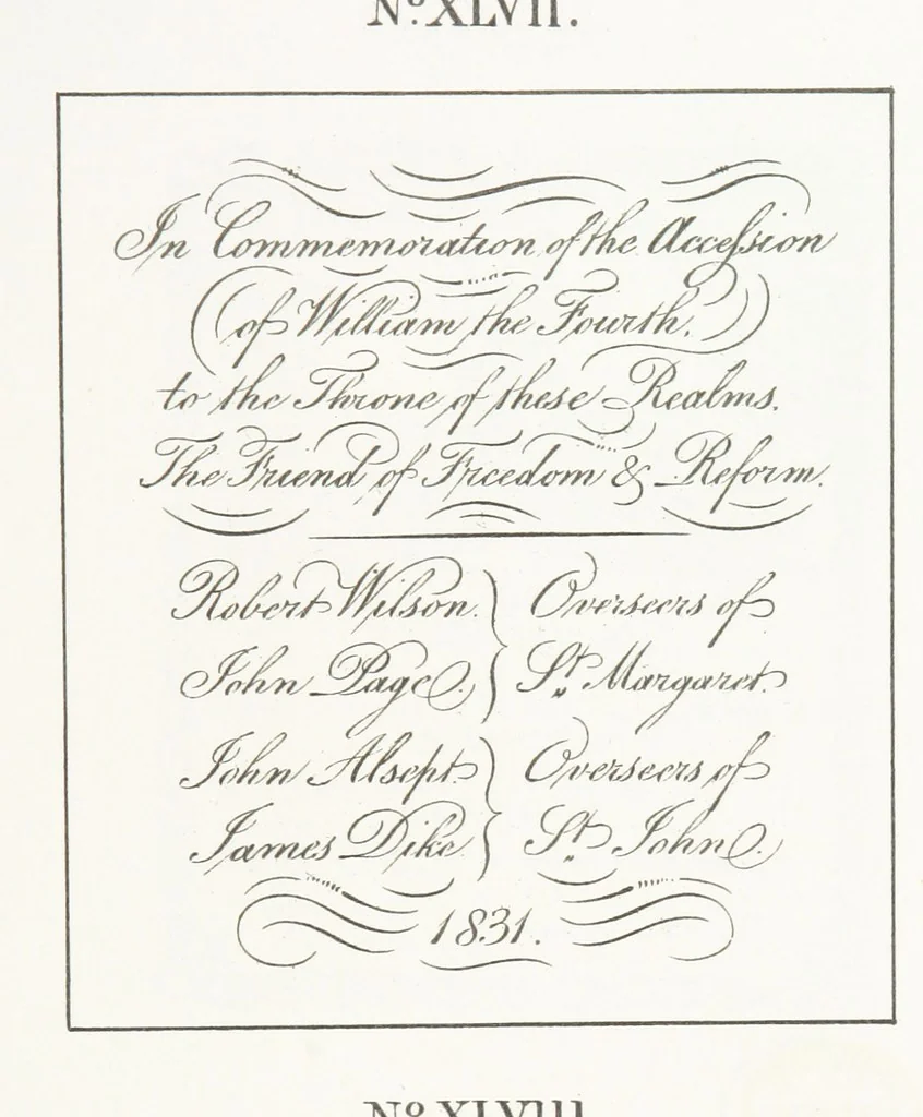 An illustration from A Description of the Westminster Tobacco Box ... Compiled by [John E. Smith, for] the Overseers for 1887, etc. (Pt. I. A reproduction of the ... account, engravings ... published in ... 1824; Pt. II. Notes on the office of Overseer; extracts from the accounts of the overseers ... 1561-1590; ... copies of the inscriptions ... & ornaments ... to 1887, etc.), 1887, leaf 137