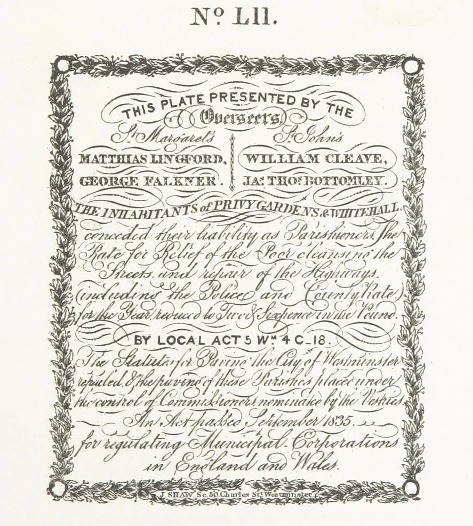 An illustration from A Description of the Westminster Tobacco Box ... Compiled by [John E. Smith, for] the Overseers for 1887, etc. (Pt. I. A reproduction of the ... account, engravings ... published in ... 1824; Pt. II. Notes on the office of Overseer; extracts from the accounts of the overseers ... 1561-1590; ... copies of the inscriptions ... & ornaments ... to 1887, etc.), 1887, leaf 141
