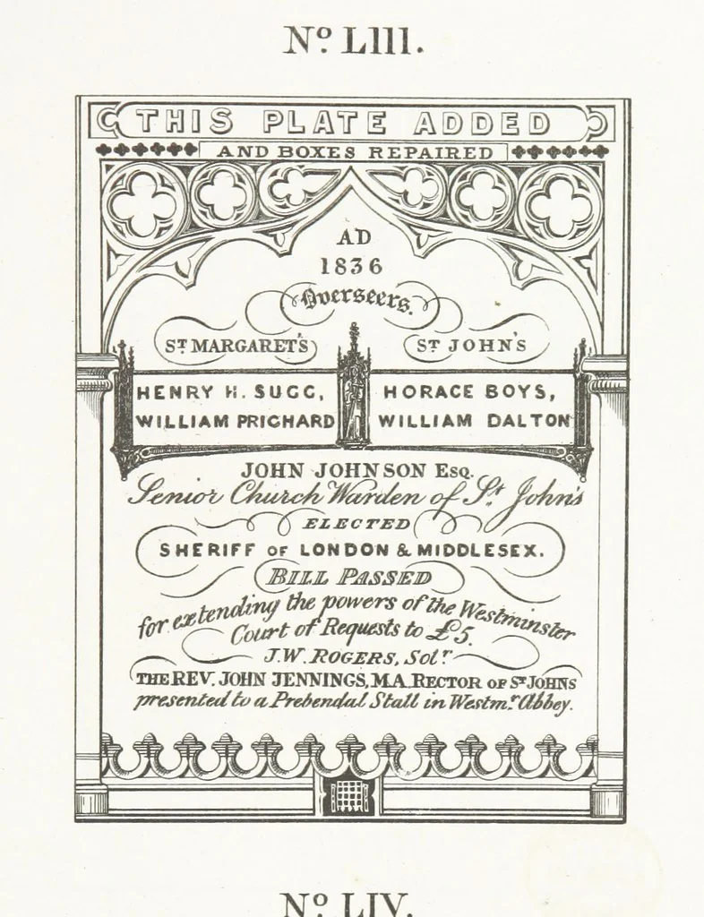 An illustration from A Description of the Westminster Tobacco Box ... Compiled by [John E. Smith, for] the Overseers for 1887, etc. (Pt. I. A reproduction of the ... account, engravings ... published in ... 1824; Pt. II. Notes on the office of Overseer; extracts from the accounts of the overseers ... 1561-1590; ... copies of the inscriptions ... & ornaments ... to 1887, etc.), 1887, leaf 143
