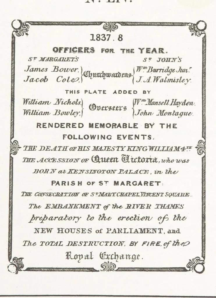 An illustration from A Description of the Westminster Tobacco Box ... Compiled by [John E. Smith, for] the Overseers for 1887, etc. (Pt. I. A reproduction of the ... account, engravings ... published in ... 1824; Pt. II. Notes on the office of Overseer; extracts from the accounts of the overseers ... 1561-1590; ... copies of the inscriptions ... & ornaments ... to 1887, etc.), 1887, leaf 143