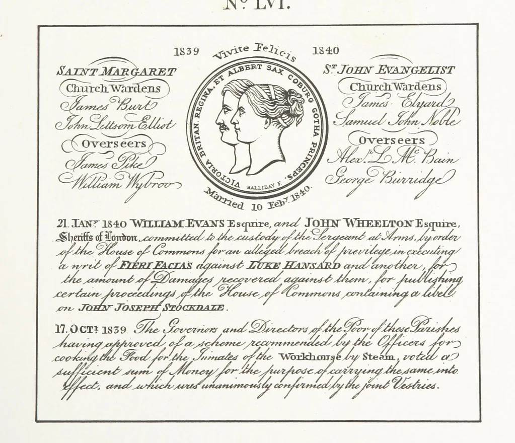 An illustration from A Description of the Westminster Tobacco Box ... Compiled by [John E. Smith, for] the Overseers for 1887, etc. (Pt. I. A reproduction of the ... account, engravings ... published in ... 1824; Pt. II. Notes on the office of Overseer; extracts from the accounts of the overseers ... 1561-1590; ... copies of the inscriptions ... & ornaments ... to 1887, etc.), 1887, leaf 145