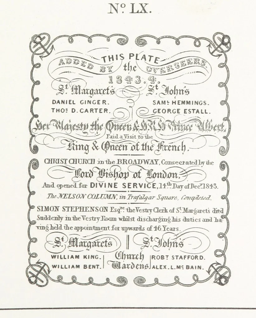 An illustration from A Description of the Westminster Tobacco Box ... Compiled by [John E. Smith, for] the Overseers for 1887, etc. (Pt. I. A reproduction of the ... account, engravings ... published in ... 1824; Pt. II. Notes on the office of Overseer; extracts from the accounts of the overseers ... 1561-1590; ... copies of the inscriptions ... & ornaments ... to 1887, etc.), 1887, leaf 151