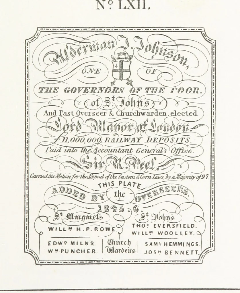 An illustration from A Description of the Westminster Tobacco Box ... Compiled by [John E. Smith, for] the Overseers for 1887, etc. (Pt. I. A reproduction of the ... account, engravings ... published in ... 1824; Pt. II. Notes on the office of Overseer; extracts from the accounts of the overseers ... 1561-1590; ... copies of the inscriptions ... & ornaments ... to 1887, etc.), 1887, leaf 153