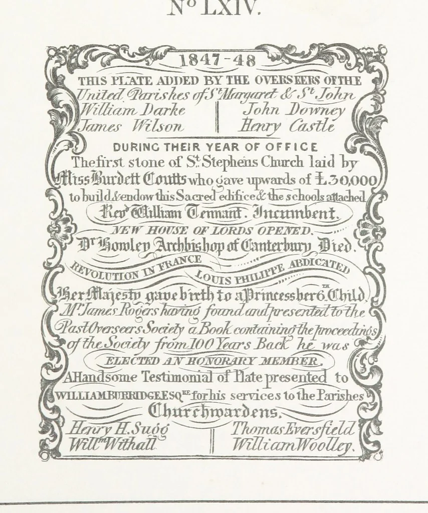 An illustration from A Description of the Westminster Tobacco Box ... Compiled by [John E. Smith, for] the Overseers for 1887, etc. (Pt. I. A reproduction of the ... account, engravings ... published in ... 1824; Pt. II. Notes on the office of Overseer; extracts from the accounts of the overseers ... 1561-1590; ... copies of the inscriptions ... & ornaments ... to 1887, etc.), 1887, leaf 155