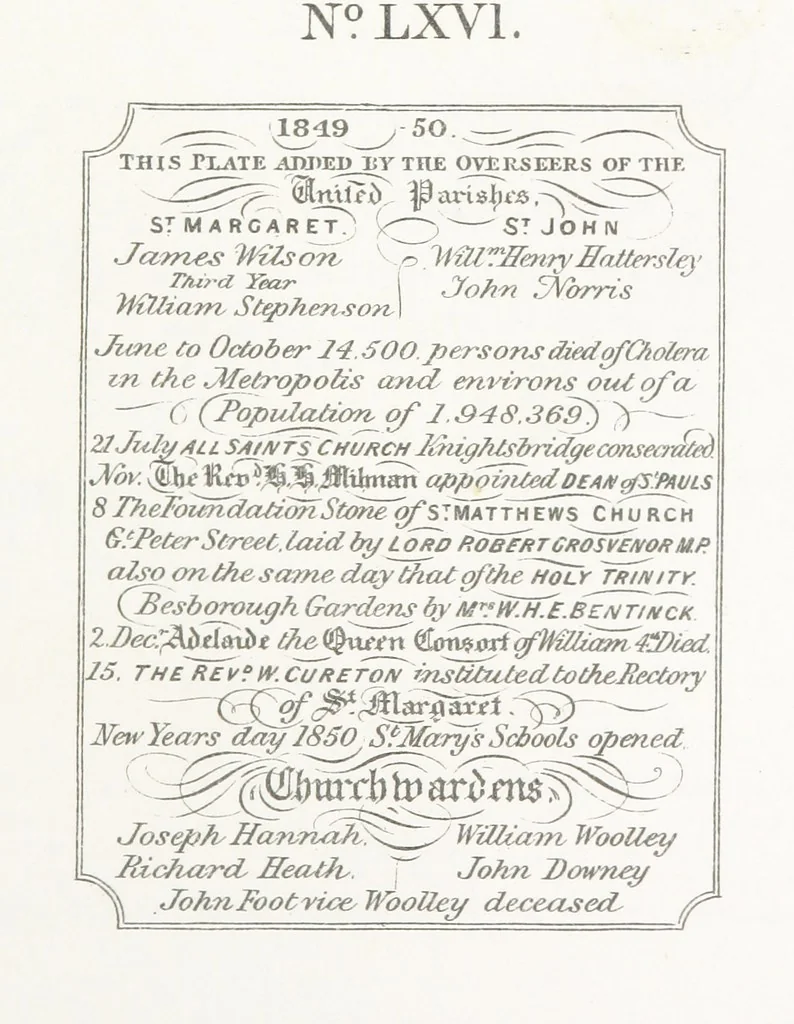 An illustration from A Description of the Westminster Tobacco Box ... Compiled by [John E. Smith, for] the Overseers for 1887, etc. (Pt. I. A reproduction of the ... account, engravings ... published in ... 1824; Pt. II. Notes on the office of Overseer; extracts from the accounts of the overseers ... 1561-1590; ... copies of the inscriptions ... & ornaments ... to 1887, etc.), 1887, leaf 157