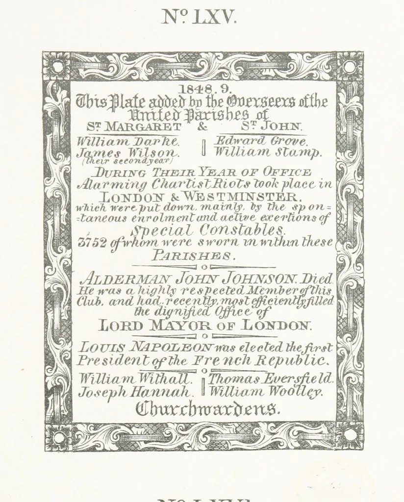 An illustration from A Description of the Westminster Tobacco Box ... Compiled by [John E. Smith, for] the Overseers for 1887, etc. (Pt. I. A reproduction of the ... account, engravings ... published in ... 1824; Pt. II. Notes on the office of Overseer; extracts from the accounts of the overseers ... 1561-1590; ... copies of the inscriptions ... & ornaments ... to 1887, etc.), 1887, leaf 157