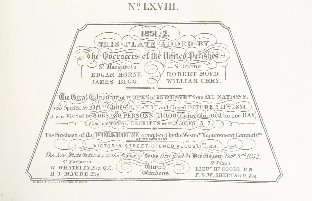 An illustration from A Description of the Westminster Tobacco Box ... Compiled by [John E. Smith, for] the Overseers for 1887, etc. (Pt. I. A reproduction of the ... account, engravings ... published in ... 1824; Pt. II. Notes on the office of Overseer; extracts from the accounts of the overseers ... 1561-1590; ... copies of the inscriptions ... & ornaments ... to 1887, etc.), 1887, leaf 159
