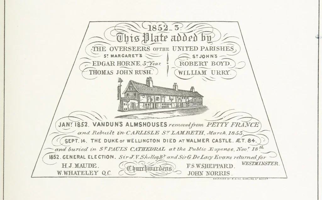 An illustration from A Description of the Westminster Tobacco Box ... Compiled by [John E. Smith, for] the Overseers for 1887, etc. (Pt. I. A reproduction of the ... account, engravings ... published in ... 1824; Pt. II. Notes on the office of Overseer; extracts from the accounts of the overseers ... 1561-1590; ... copies of the inscriptions ... & ornaments ... to 1887, etc.), 1887, leaf 161
