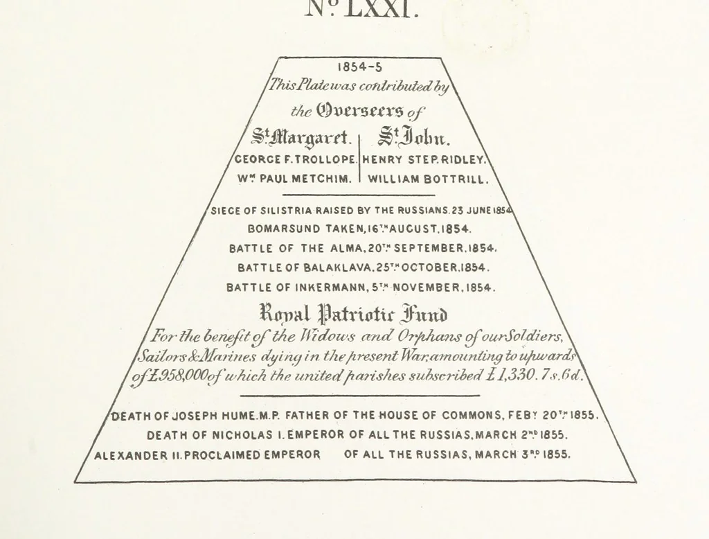 An illustration from A Description of the Westminster Tobacco Box ... Compiled by [John E. Smith, for] the Overseers for 1887, etc. (Pt. I. A reproduction of the ... account, engravings ... published in ... 1824; Pt. II. Notes on the office of Overseer; extracts from the accounts of the overseers ... 1561-1590; ... copies of the inscriptions ... & ornaments ... to 1887, etc.), 1887, leaf 163