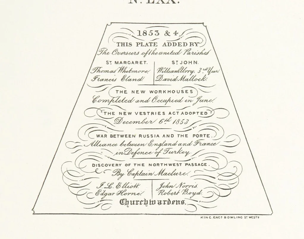 An illustration from A Description of the Westminster Tobacco Box ... Compiled by [John E. Smith, for] the Overseers for 1887, etc. (Pt. I. A reproduction of the ... account, engravings ... published in ... 1824; Pt. II. Notes on the office of Overseer; extracts from the accounts of the overseers ... 1561-1590; ... copies of the inscriptions ... & ornaments ... to 1887, etc.), 1887, leaf 163