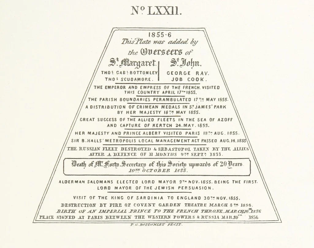 An illustration from A Description of the Westminster Tobacco Box ... Compiled by [John E. Smith, for] the Overseers for 1887, etc. (Pt. I. A reproduction of the ... account, engravings ... published in ... 1824; Pt. II. Notes on the office of Overseer; extracts from the accounts of the overseers ... 1561-1590; ... copies of the inscriptions ... & ornaments ... to 1887, etc.), 1887, leaf 165