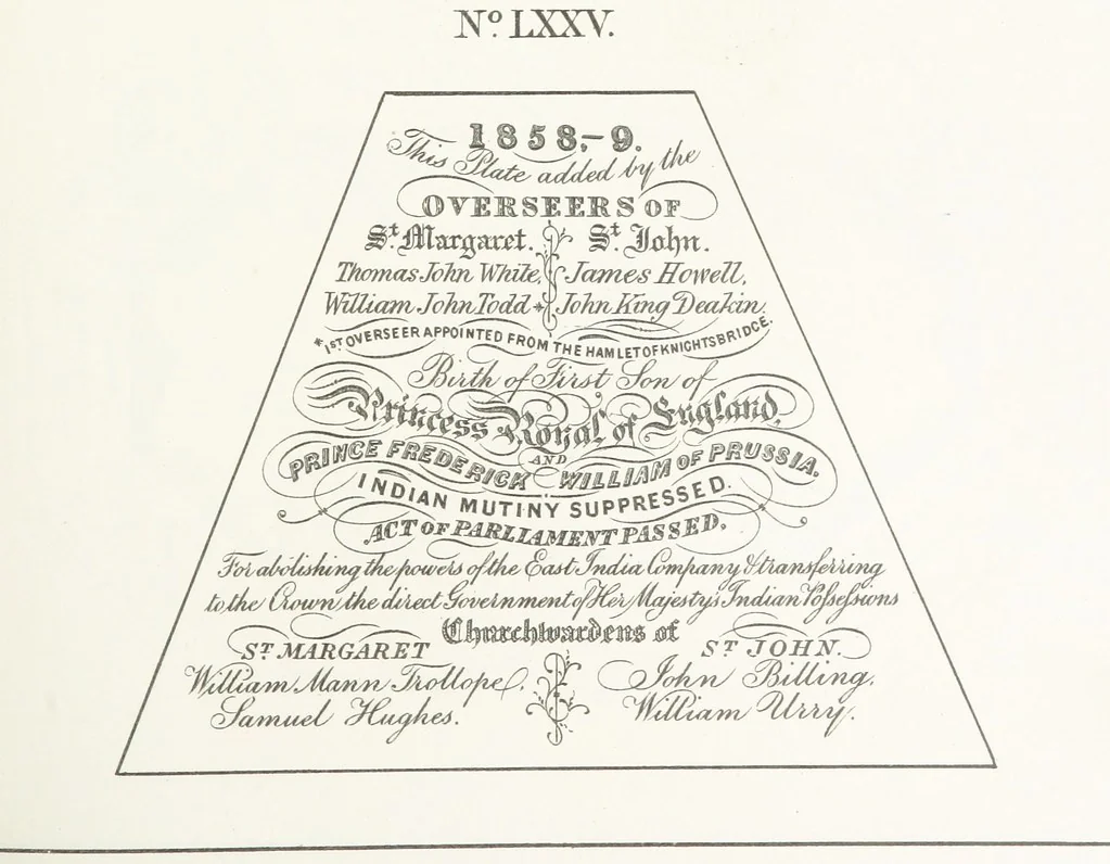 An illustration from A Description of the Westminster Tobacco Box ... Compiled by [John E. Smith, for] the Overseers for 1887, etc. (Pt. I. A reproduction of the ... account, engravings ... published in ... 1824; Pt. II. Notes on the office of Overseer; extracts from the accounts of the overseers ... 1561-1590; ... copies of the inscriptions ... & ornaments ... to 1887, etc.), 1887, leaf 167