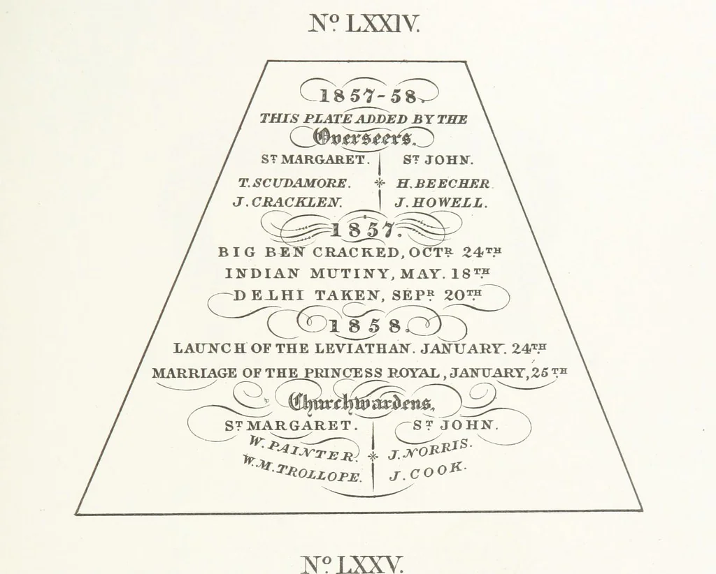An illustration from A Description of the Westminster Tobacco Box ... Compiled by [John E. Smith, for] the Overseers for 1887, etc. (Pt. I. A reproduction of the ... account, engravings ... published in ... 1824; Pt. II. Notes on the office of Overseer; extracts from the accounts of the overseers ... 1561-1590; ... copies of the inscriptions ... & ornaments ... to 1887, etc.), 1887, leaf 167