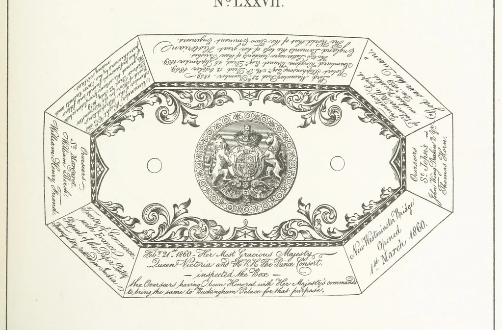 An illustration from A Description of the Westminster Tobacco Box ... Compiled by [John E. Smith, for] the Overseers for 1887, etc. (Pt. I. A reproduction of the ... account, engravings ... published in ... 1824; Pt. II. Notes on the office of Overseer; extracts from the accounts of the overseers ... 1561-1590; ... copies of the inscriptions ... & ornaments ... to 1887, etc.), 1887, leaf 169