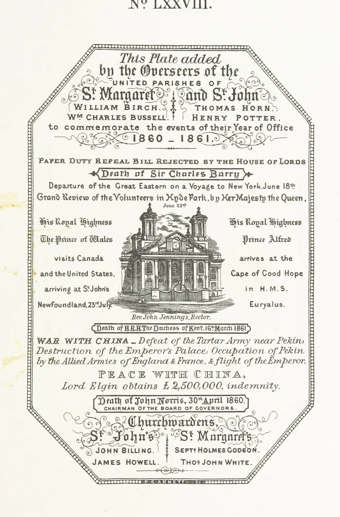 An illustration from A Description of the Westminster Tobacco Box ... Compiled by [John E. Smith, for] the Overseers for 1887, etc. (Pt. I. A reproduction of the ... account, engravings ... published in ... 1824; Pt. II. Notes on the office of Overseer; extracts from the accounts of the overseers ... 1561-1590; ... copies of the inscriptions ... & ornaments ... to 1887, etc.), 1887, leaf 171