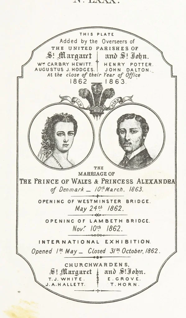 An illustration from A Description of the Westminster Tobacco Box ... Compiled by [John E. Smith, for] the Overseers for 1887, etc. (Pt. I. A reproduction of the ... account, engravings ... published in ... 1824; Pt. II. Notes on the office of Overseer; extracts from the accounts of the overseers ... 1561-1590; ... copies of the inscriptions ... & ornaments ... to 1887, etc.), 1887, leaf 175