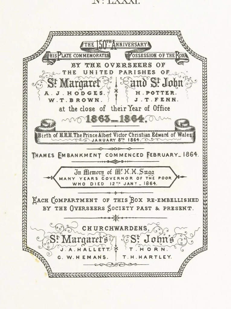 An illustration from A Description of the Westminster Tobacco Box ... Compiled by [John E. Smith, for] the Overseers for 1887, etc. (Pt. I. A reproduction of the ... account, engravings ... published in ... 1824; Pt. II. Notes on the office of Overseer; extracts from the accounts of the overseers ... 1561-1590; ... copies of the inscriptions ... & ornaments ... to 1887, etc.), 1887, leaf 177