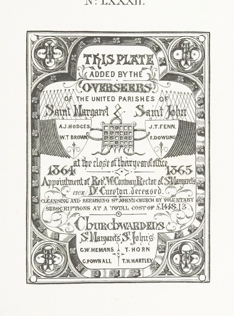 An illustration from A Description of the Westminster Tobacco Box ... Compiled by [John E. Smith, for] the Overseers for 1887, etc. (Pt. I. A reproduction of the ... account, engravings ... published in ... 1824; Pt. II. Notes on the office of Overseer; extracts from the accounts of the overseers ... 1561-1590; ... copies of the inscriptions ... & ornaments ... to 1887, etc.), 1887, leaf 179