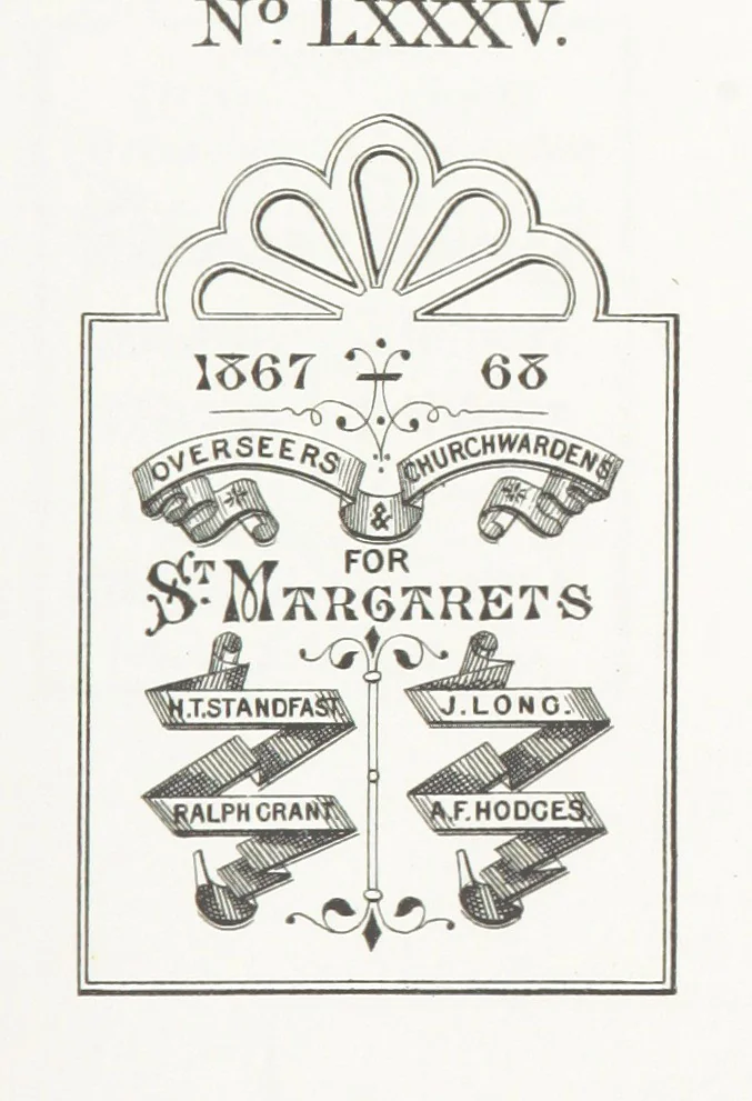 An illustration from A Description of the Westminster Tobacco Box ... Compiled by [John E. Smith, for] the Overseers for 1887, etc. (Pt. I. A reproduction of the ... account, engravings ... published in ... 1824; Pt. II. Notes on the office of Overseer; extracts from the accounts of the overseers ... 1561-1590; ... copies of the inscriptions ... & ornaments ... to 1887, etc.), 1887, leaf 183