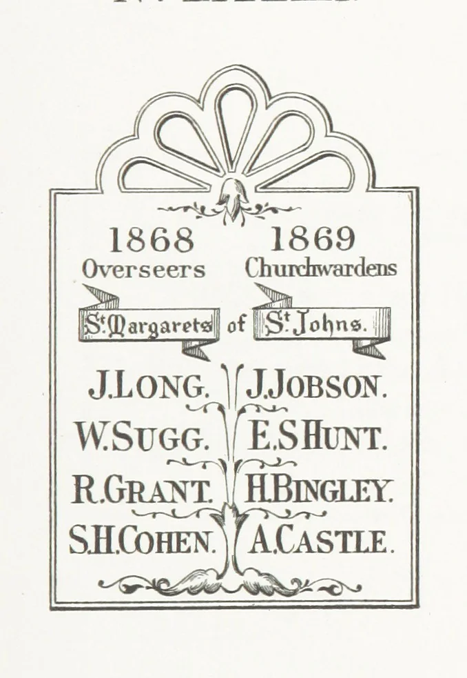 An illustration from A Description of the Westminster Tobacco Box ... Compiled by [John E. Smith, for] the Overseers for 1887, etc. (Pt. I. A reproduction of the ... account, engravings ... published in ... 1824; Pt. II. Notes on the office of Overseer; extracts from the accounts of the overseers ... 1561-1590; ... copies of the inscriptions ... & ornaments ... to 1887, etc.), 1887, leaf 185
