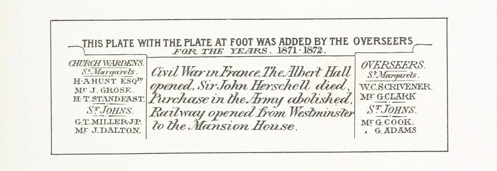 An illustration from A Description of the Westminster Tobacco Box ... Compiled by [John E. Smith, for] the Overseers for 1887, etc. (Pt. I. A reproduction of the ... account, engravings ... published in ... 1824; Pt. II. Notes on the office of Overseer; extracts from the accounts of the overseers ... 1561-1590; ... copies of the inscriptions ... & ornaments ... to 1887, etc.), 1887, leaf 187