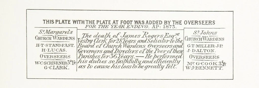 An illustration from A Description of the Westminster Tobacco Box ... Compiled by [John E. Smith, for] the Overseers for 1887, etc. (Pt. I. A reproduction of the ... account, engravings ... published in ... 1824; Pt. II. Notes on the office of Overseer; extracts from the accounts of the overseers ... 1561-1590; ... copies of the inscriptions ... & ornaments ... to 1887, etc.), 1887, leaf 189