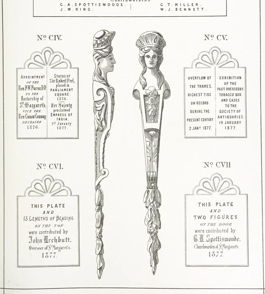 An illustration from A Description of the Westminster Tobacco Box ... Compiled by [John E. Smith, for] the Overseers for 1887, etc. (Pt. I. A reproduction of the ... account, engravings ... published in ... 1824; Pt. II. Notes on the office of Overseer; extracts from the accounts of the overseers ... 1561-1590; ... copies of the inscriptions ... & ornaments ... to 1887, etc.), 1887, leaf 195