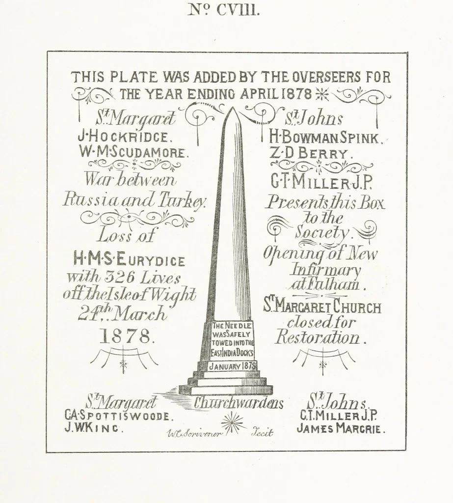 An illustration from A Description of the Westminster Tobacco Box ... Compiled by [John E. Smith, for] the Overseers for 1887, etc. (Pt. I. A reproduction of the ... account, engravings ... published in ... 1824; Pt. II. Notes on the office of Overseer; extracts from the accounts of the overseers ... 1561-1590; ... copies of the inscriptions ... & ornaments ... to 1887, etc.), 1887, leaf 197