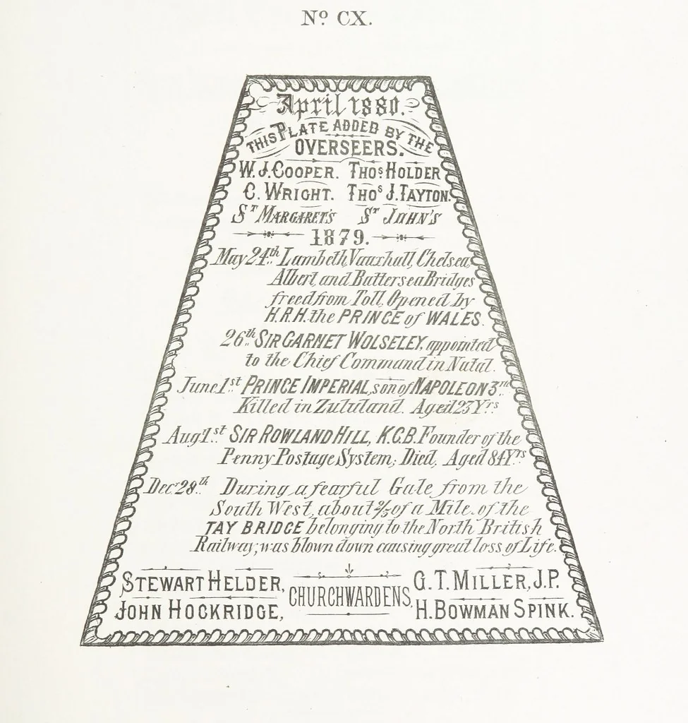 An illustration from A Description of the Westminster Tobacco Box ... Compiled by [John E. Smith, for] the Overseers for 1887, etc. (Pt. I. A reproduction of the ... account, engravings ... published in ... 1824; Pt. II. Notes on the office of Overseer; extracts from the accounts of the overseers ... 1561-1590; ... copies of the inscriptions ... & ornaments ... to 1887, etc.), 1887, leaf 201