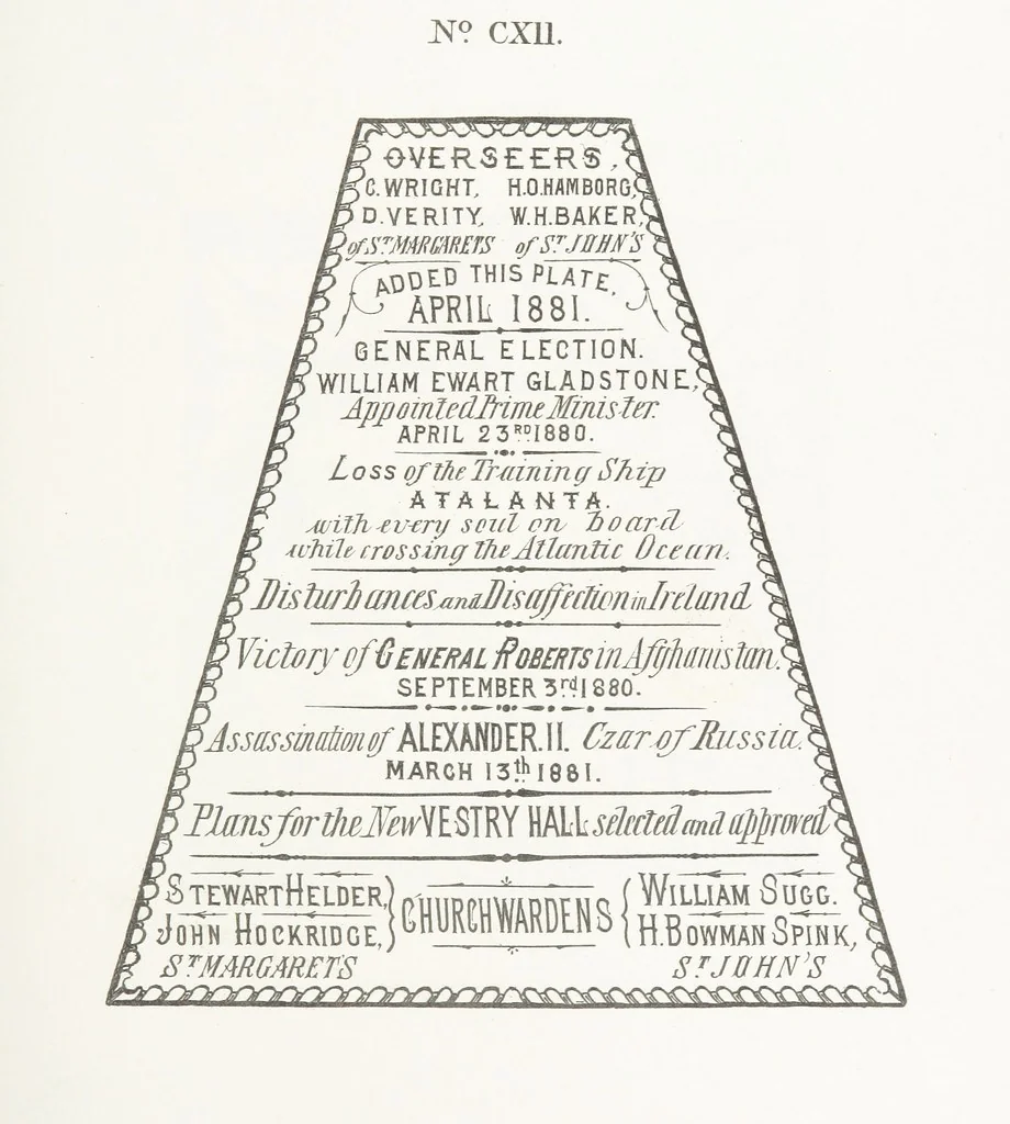 An illustration from A Description of the Westminster Tobacco Box ... Compiled by [John E. Smith, for] the Overseers for 1887, etc. (Pt. I. A reproduction of the ... account, engravings ... published in ... 1824; Pt. II. Notes on the office of Overseer; extracts from the accounts of the overseers ... 1561-1590; ... copies of the inscriptions ... & ornaments ... to 1887, etc.), 1887, leaf 205