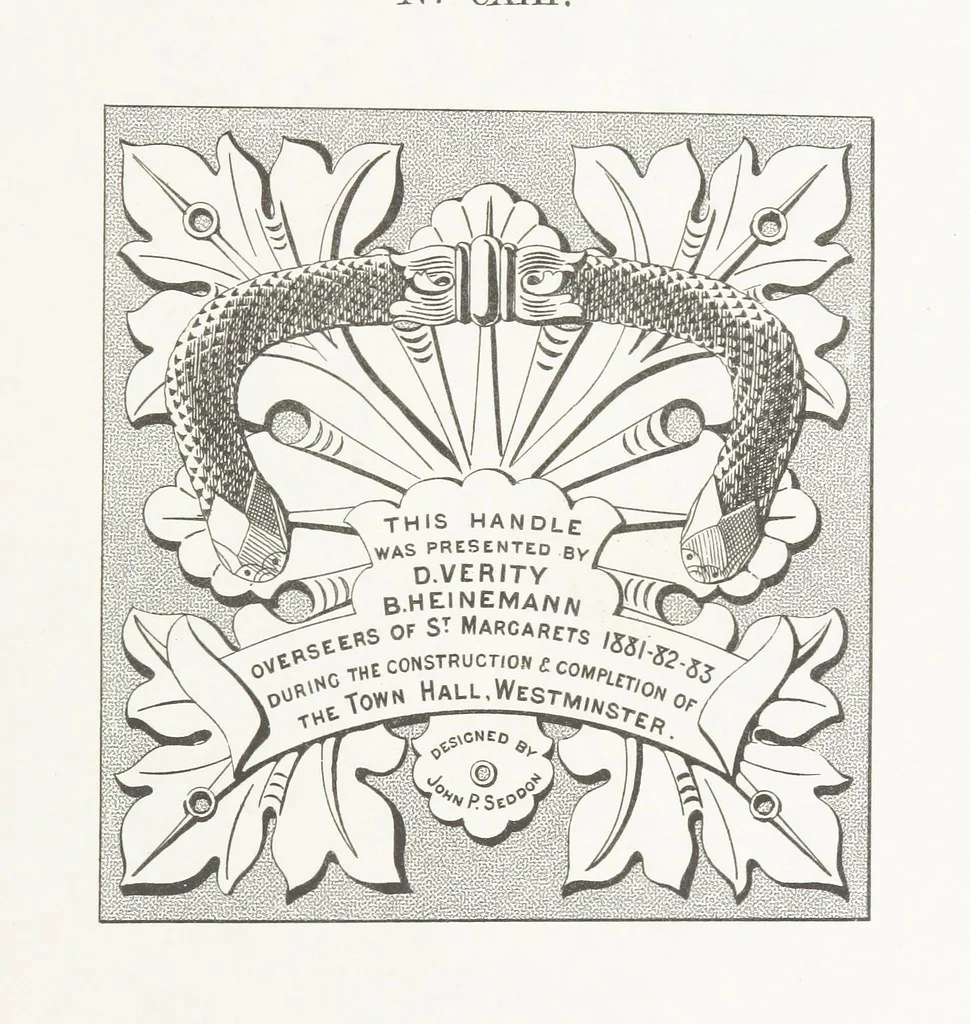 An illustration from A Description of the Westminster Tobacco Box ... Compiled by [John E. Smith, for] the Overseers for 1887, etc. (Pt. I. A reproduction of the ... account, engravings ... published in ... 1824; Pt. II. Notes on the office of Overseer; extracts from the accounts of the overseers ... 1561-1590; ... copies of the inscriptions ... & ornaments ... to 1887, etc.), 1887, leaf 207