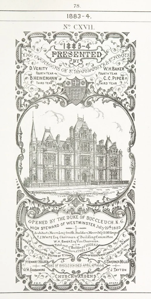An illustration from A Description of the Westminster Tobacco Box ... Compiled by [John E. Smith, for] the Overseers for 1887, etc. (Pt. I. A reproduction of the ... account, engravings ... published in ... 1824; Pt. II. Notes on the office of Overseer; extracts from the accounts of the overseers ... 1561-1590; ... copies of the inscriptions ... & ornaments ... to 1887, etc.), 1887, leaf 215