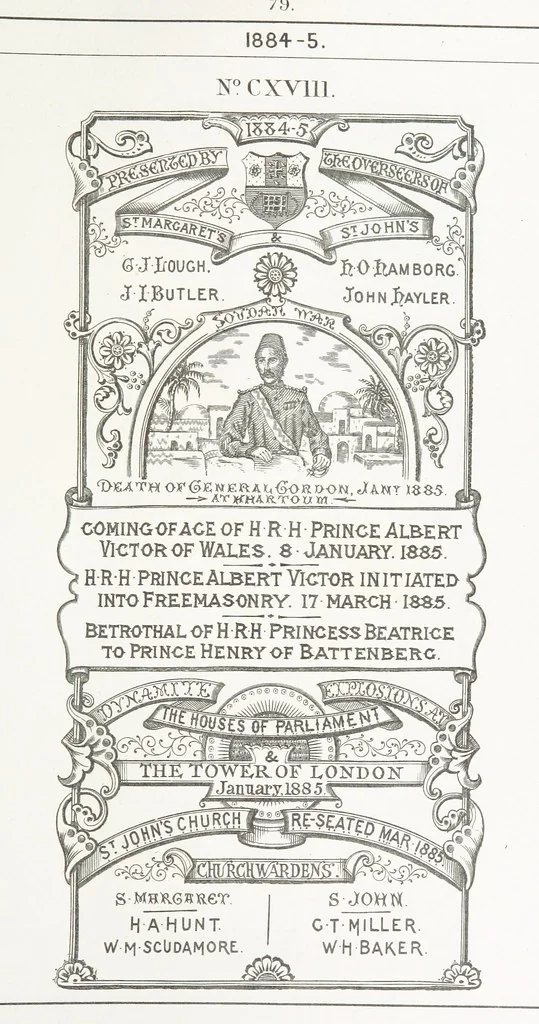 An illustration from A Description of the Westminster Tobacco Box ... Compiled by [John E. Smith, for] the Overseers for 1887, etc. (Pt. I. A reproduction of the ... account, engravings ... published in ... 1824; Pt. II. Notes on the office of Overseer; extracts from the accounts of the overseers ... 1561-1590; ... copies of the inscriptions ... & ornaments ... to 1887, etc.), 1887, leaf 217