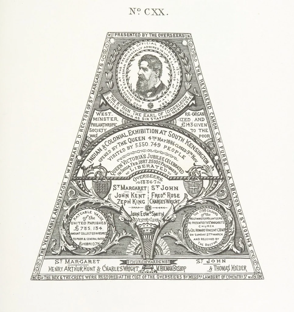 An illustration from A Description of the Westminster Tobacco Box ... Compiled by [John E. Smith, for] the Overseers for 1887, etc. (Pt. I. A reproduction of the ... account, engravings ... published in ... 1824; Pt. II. Notes on the office of Overseer; extracts from the accounts of the overseers ... 1561-1590; ... copies of the inscriptions ... & ornaments ... to 1887, etc.), 1887, leaf 221
