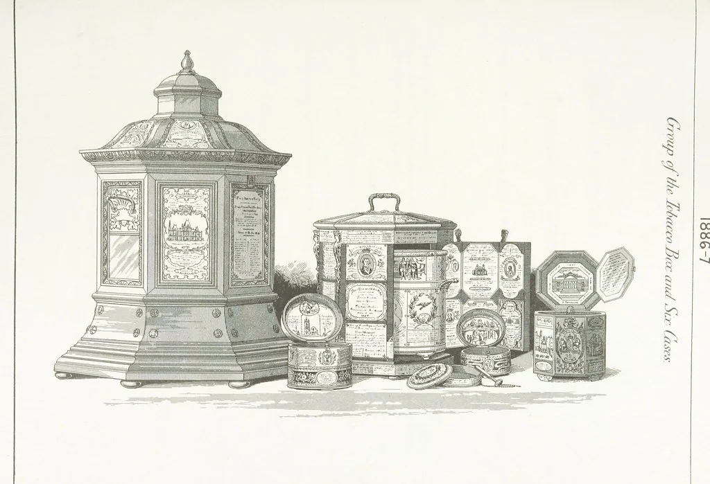 An illustration from A Description of the Westminster Tobacco Box ... Compiled by [John E. Smith, for] the Overseers for 1887, etc. (Pt. I. A reproduction of the ... account, engravings ... published in ... 1824; Pt. II. Notes on the office of Overseer; extracts from the accounts of the overseers ... 1561-1590; ... copies of the inscriptions ... & ornaments ... to 1887, etc.), 1887, leaf 223