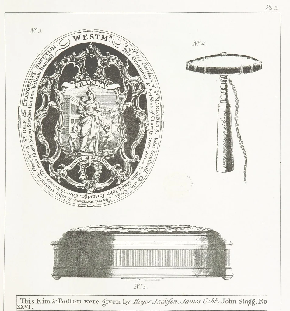 An illustration from A Description of the Westminster Tobacco Box ... Compiled by [John E. Smith, for] the Overseers for 1887, etc. (Pt. I. A reproduction of the ... account, engravings ... published in ... 1824; Pt. II. Notes on the office of Overseer; extracts from the accounts of the overseers ... 1561-1590; ... copies of the inscriptions ... & ornaments ... to 1887, etc.), 1887, leaf 31
