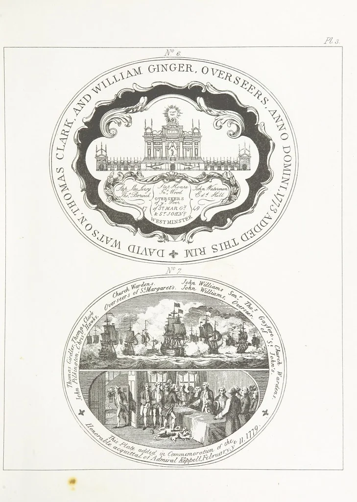 An illustration from A Description of the Westminster Tobacco Box ... Compiled by [John E. Smith, for] the Overseers for 1887, etc. (Pt. I. A reproduction of the ... account, engravings ... published in ... 1824; Pt. II. Notes on the office of Overseer; extracts from the accounts of the overseers ... 1561-1590; ... copies of the inscriptions ... & ornaments ... to 1887, etc.), 1887, leaf 33
