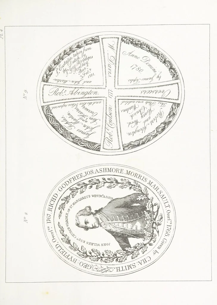 An illustration from A Description of the Westminster Tobacco Box ... Compiled by [John E. Smith, for] the Overseers for 1887, etc. (Pt. I. A reproduction of the ... account, engravings ... published in ... 1824; Pt. II. Notes on the office of Overseer; extracts from the accounts of the overseers ... 1561-1590; ... copies of the inscriptions ... & ornaments ... to 1887, etc.), 1887, leaf 35