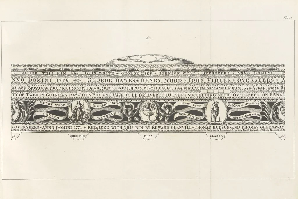 An illustration from A Description of the Westminster Tobacco Box ... Compiled by [John E. Smith, for] the Overseers for 1887, etc. (Pt. I. A reproduction of the ... account, engravings ... published in ... 1824; Pt. II. Notes on the office of Overseer; extracts from the accounts of the overseers ... 1561-1590; ... copies of the inscriptions ... & ornaments ... to 1887, etc.), 1887, leaf 37